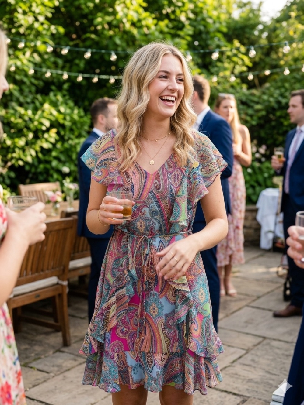 Paisley Flutter-Sleeve V-Neck Mini Dress in Multi Color with Riffled Layered Hem